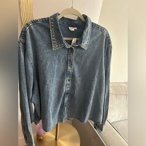GAP Denim Blue Studs Festival Boho Oversized Button Down Shirt Size XXL